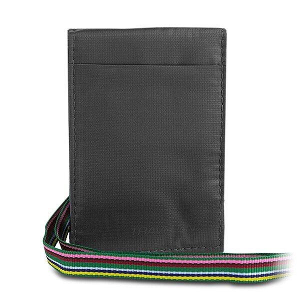 A black wallet with a Travelon Safe ID Hack-Proof RFID Blocking Badge Shield Passport Holder Lanyard.