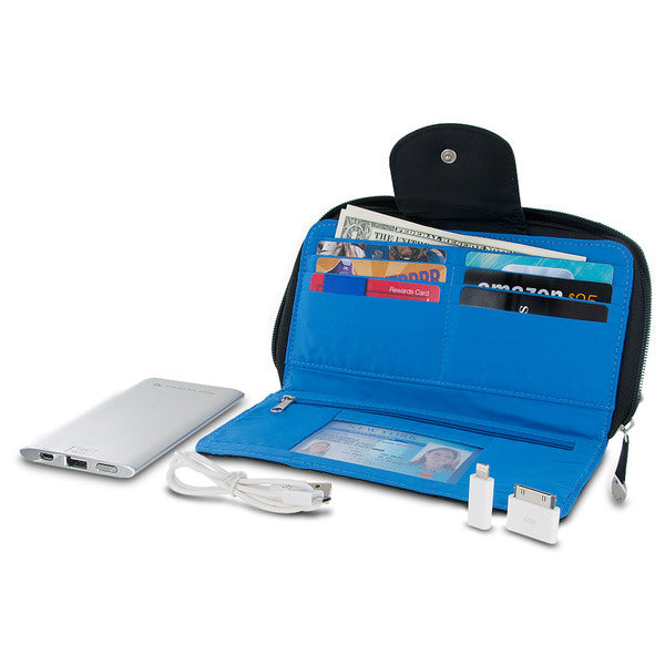 A blue Travelon Hack-Proof RFID Blocking Clutch Wallet w/ 5000mAh Power Bank - Black with a cell phone and a charger.