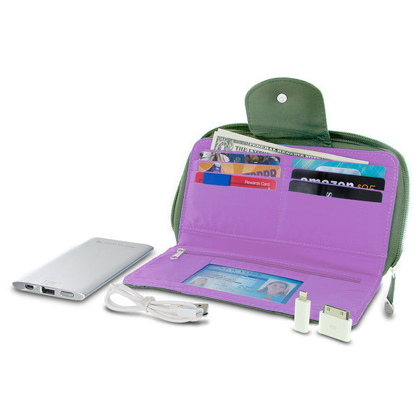 A Travelon RFID Blocking Clutch Wallet With 5000mAh Power Bank - Olive with a cell phone and other items.