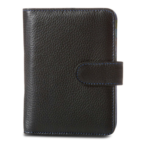 A Travelon Leather Safe ID Color Block Bi-Fold Tab Wallet, Black with blue trim.