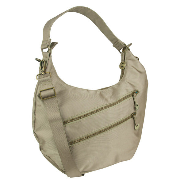A Travelon Hack-Proof Convertible Hobo with RFID Protection - Champagne bag with two zippers.