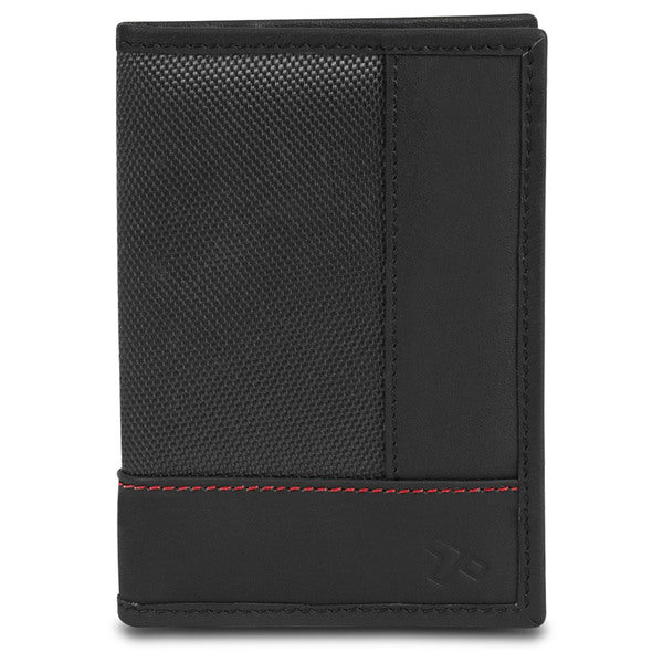 A Travelon SafeID Accent Passport Case & Bi-Fold Wallet, Black, with red stitching.