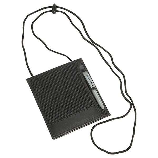A Travelon Hack-Proof RFID Blocking ID and Boarding Pass Passport Holder, Black with a pen attached to it.