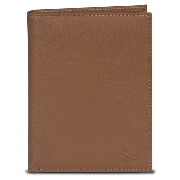 A Travelon SafeID Leather Passport Holder Wallet, Saddle on a white background.