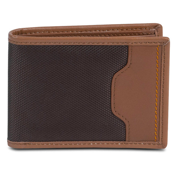 A Travelon SafeID Hack-Proof Accent Billfold Wallet w/ RFID Protection, Saddle on a white background.