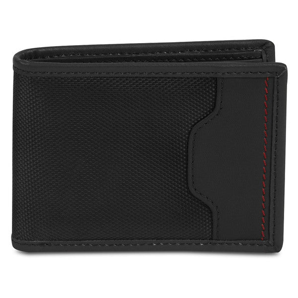 A Travelon Safe ID Hack-Proof Accent Billfold Wallet With RFID Protection, Black with red stitching.