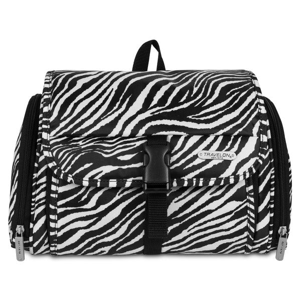 A black and white Travelon Hanging Toiletry Kit - Zebra diaper bag.