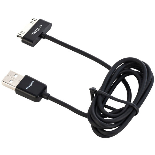 A black Targus 30 Pin Sync & Charge Cable (Apple MFi Certified) connected to an iPhone for charge and sync.