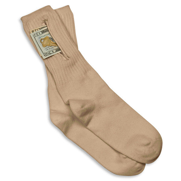 A pair of Travelon Security Socks - Tan (Medium) with a dollar bill on them.