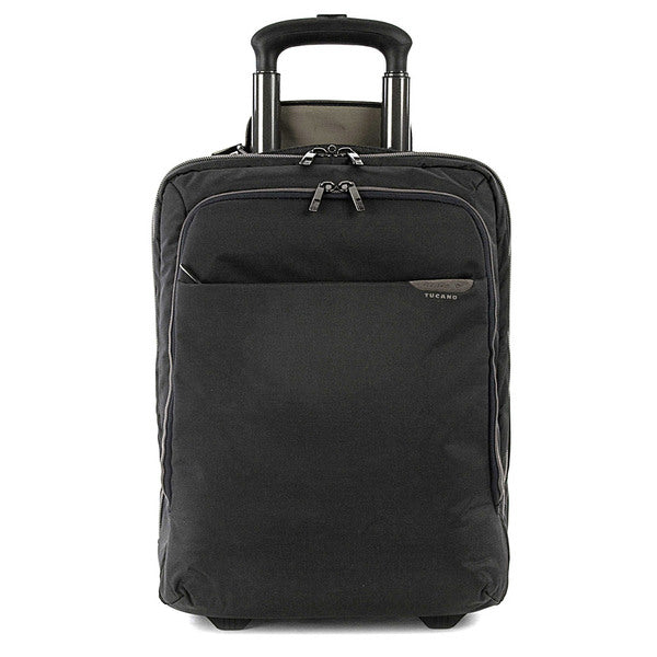 A Tucano Work-Out Expanded Trolley Carry On Case, Midnight with wheels on a white background.