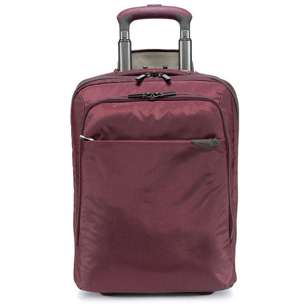 A Tucano Work-Out Expanded Trolley Carry On Case, Burgundy with wheels on a white background.
