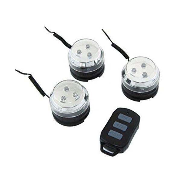 Three Swiss+Tech Portable LED Light Pod System, 3 Light Pack with Remote on a white background.
