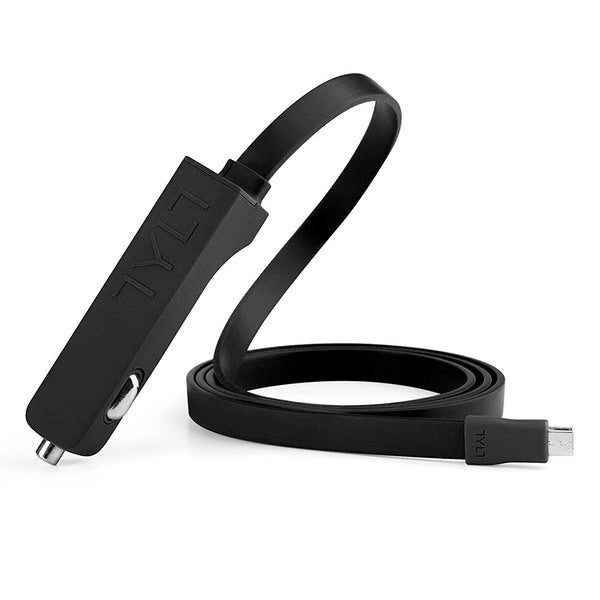 A black TYLT BAND MicroUSB Car Charger with Built-In USB Port with a black cord attached to it.