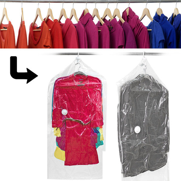 A Travelon Set Of 2 Compression Storage Bags For Dresses and Suits, Clear with clothes hanging on a hanger.