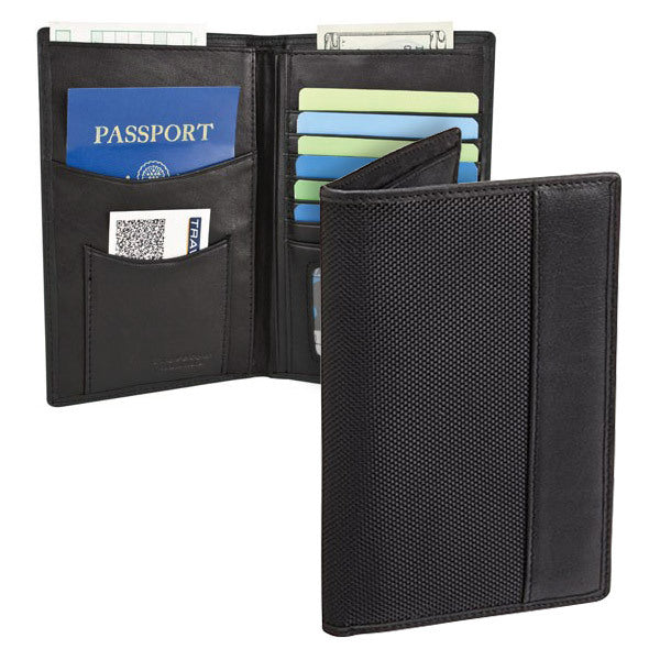 A Travelon SafeID Classic Executive Organizer Passport & ID Travel Holder, Black with a credit card in it.