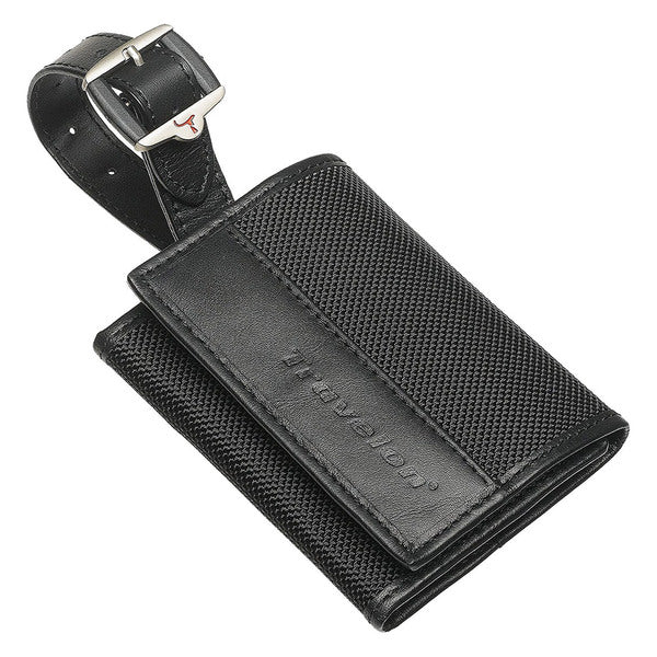 A Travelon Quick Pass Luggage Tag, Black leather wallet with a buckle.