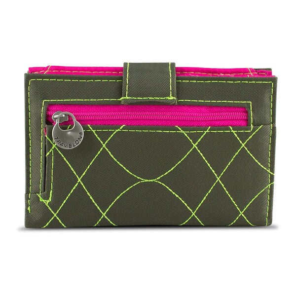A Travelon SafeID Embroidered Tri-Fold RFID Wallet - Olive/Berry with a zipper.