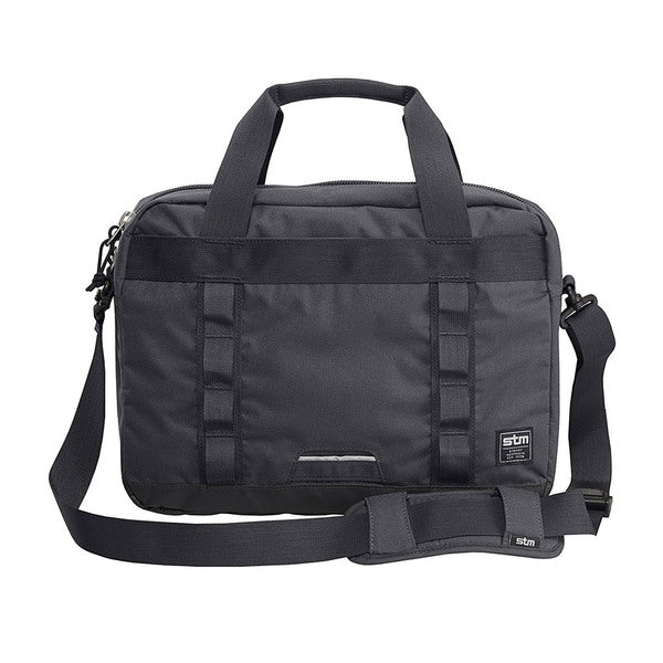 A STM Bowery Laptop Shoulder Bag for 15 Laptops (Graphite), a lightweight black laptop bag with a shoulder strap, perfect for quick travels and serving as a laptop brief.