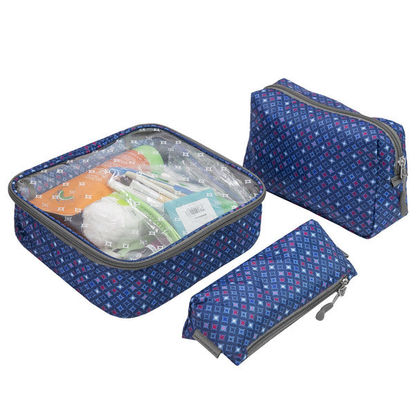 A set of Travelon 3-Piece Toiletry Packing Set Diamond Sparkle with toothbrushes and toothpaste.