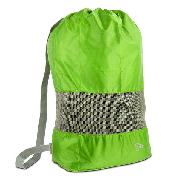 A Travelon Lightweight Laundry Bag, Lime with a grey strap.