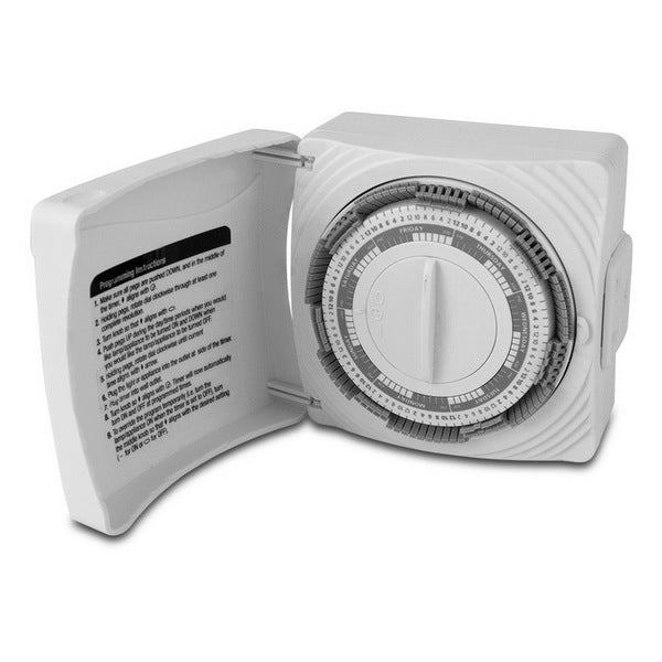 A Westek TM07DTB Decorative Programmable Indoor Daily Segment Timer box with a thermometer inside.
