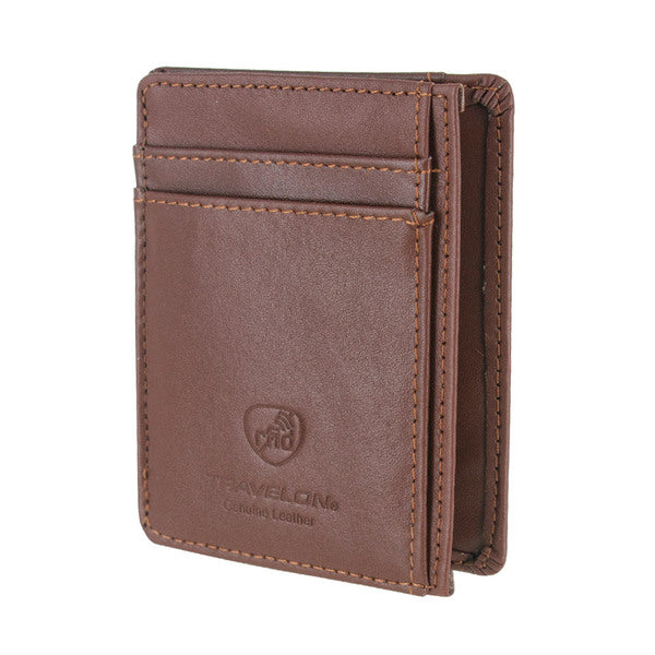 A Travelon Leather Hack-Proof RFID Blocking Cash Card Sleeve and Wallet Brown with a credit card holder.