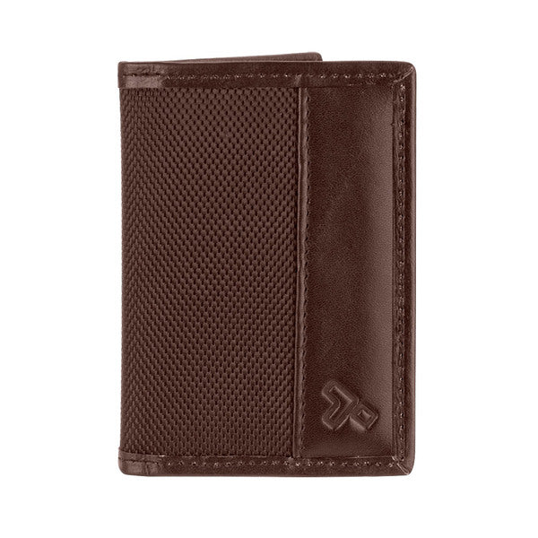 A Travelon Hack-Proof RFID Blocking Bifold Card Holder Slim Wallet Brown with a logo on it.