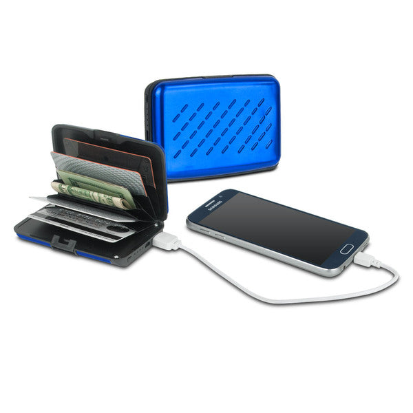A Viatek Pocket Jump Card Holder Wallet and 2300mAh Power Bank Portable Charger with RFID blocking and a cell phone attached to it.