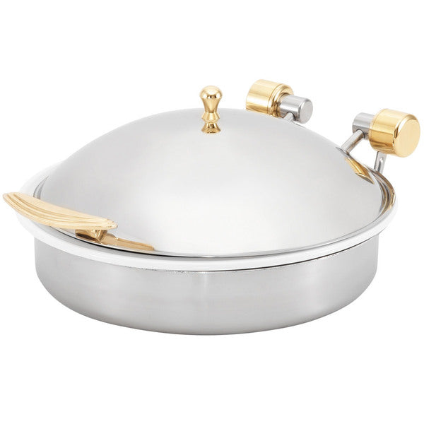 A Vollrath 46120 Brass Trim 6 Quart Induction Chafer with Porcelain Pan with gold handles on a white background.