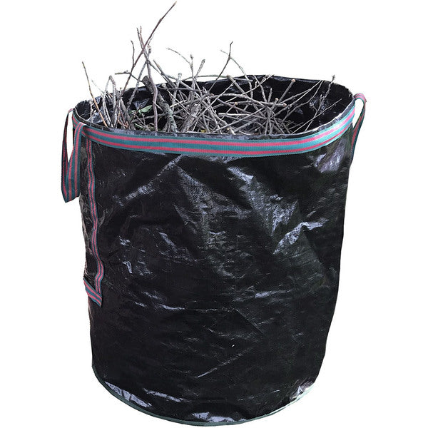 A Tierra Garden 69 Gallon Deluxe Reusable Large Gardening Waste, Trash & Leaf Bag filled with branches and twigs.