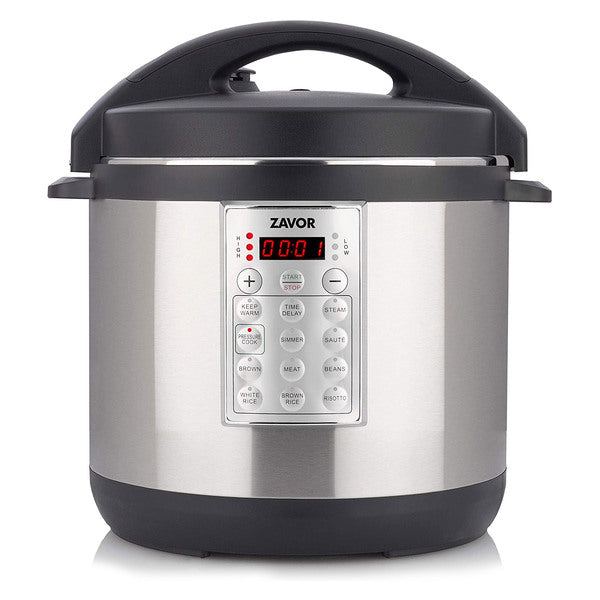 A Zavor Select 6Qt Electric Pressure Cooker & Rice Cooker Brushed Stainless Steel on a white background.
