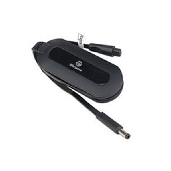 A Targus 15W Universal Auto/Dual Digital Device DC Adapter w/4 Power Tips capable of charging various digital devices, featuring a black color and a cord attached to it.