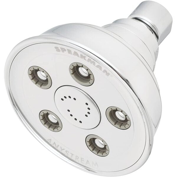 A Speakman Caspian 2.0 GPM Multi Function Anystream Shower Head Polish Chrome with four holes.