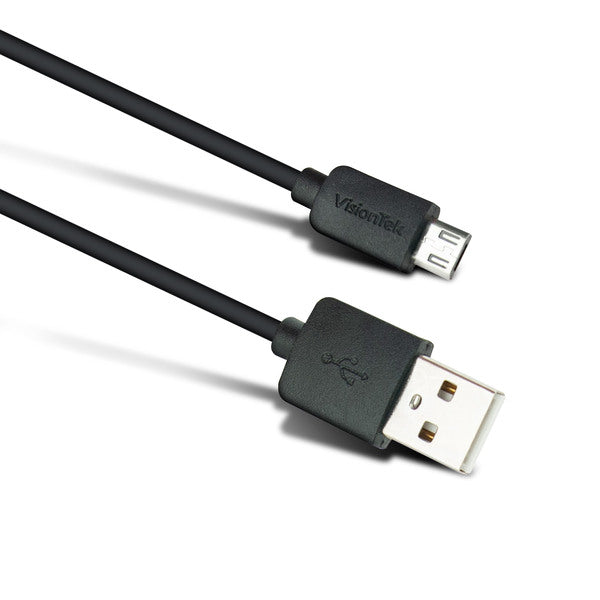 A black VisionTek 6.5 Foot Micro USB cable connected to a white surface, ideal for charge and sync purposes.