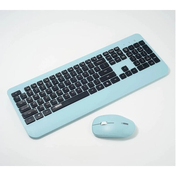 A Uncaged Ergonomics KM1 Wireless Keyboard and Mouse Combo Light Blue on a white surface.